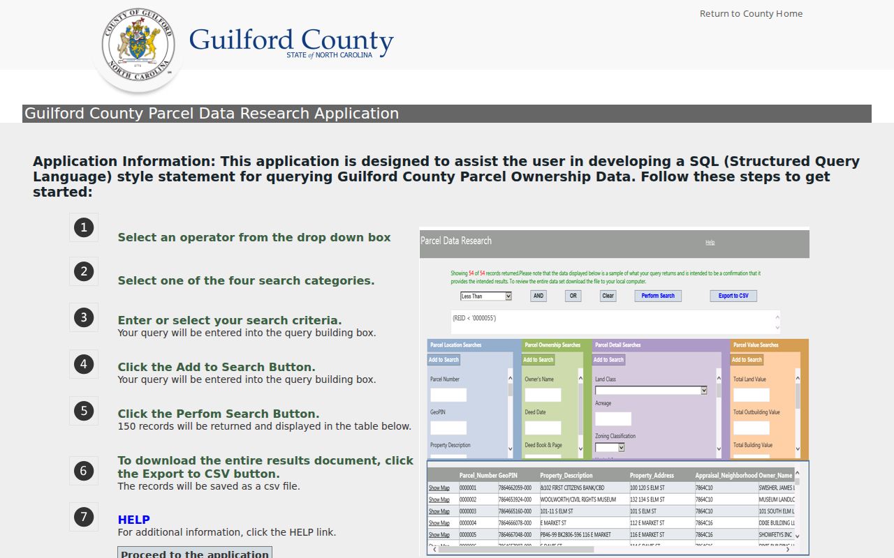 Guilford County street directory Parcel Research view for by-street parcel context