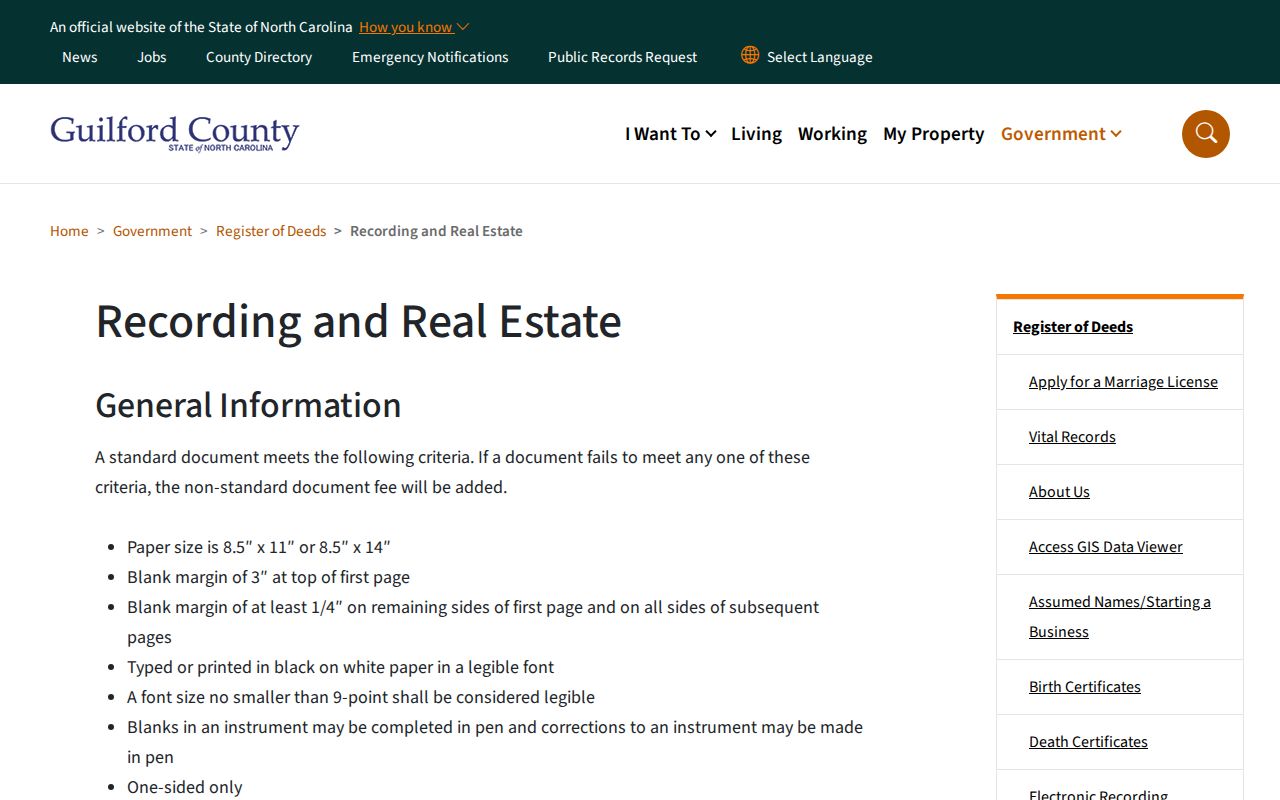 Guilford County street directory Register of Deeds recording standards and copy-fee information